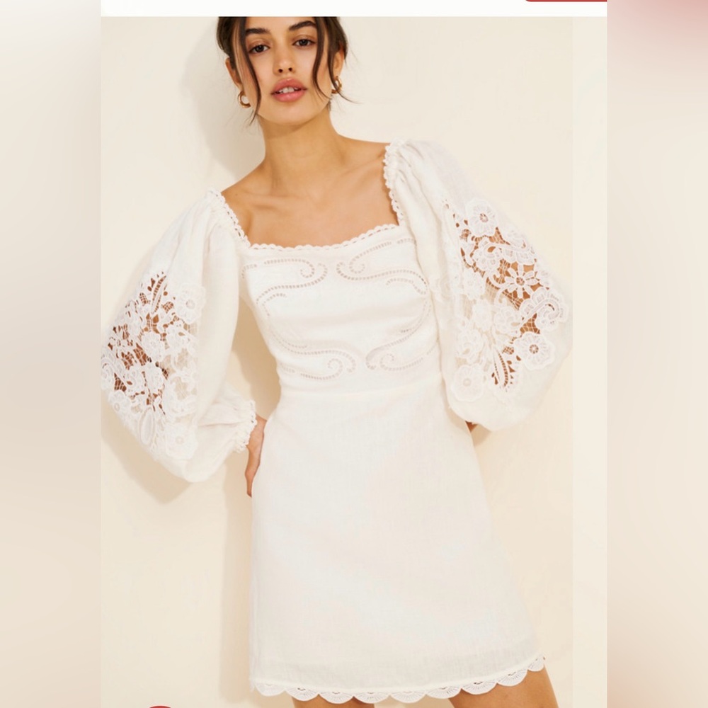 FARM Rio White Embroidered Linen Mini Dress with Balloon Lace Sleeves